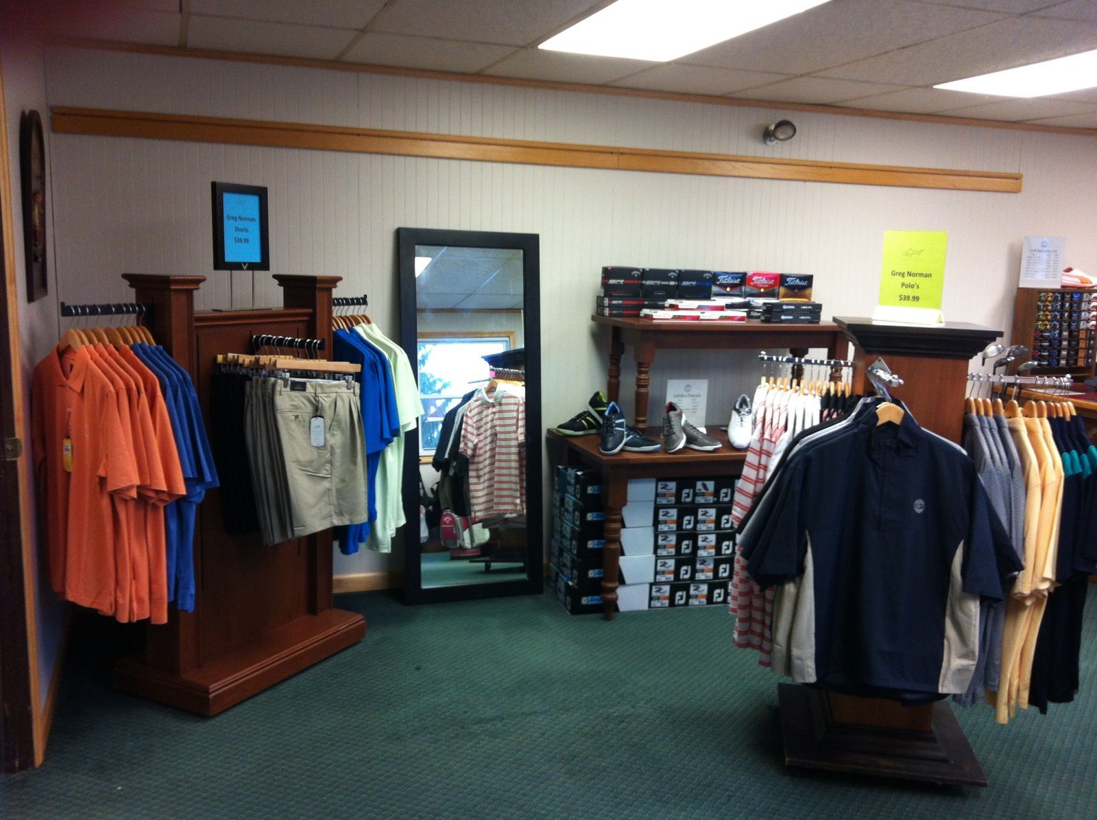 Men's golf merchandise in the pro shop at Lost Creek