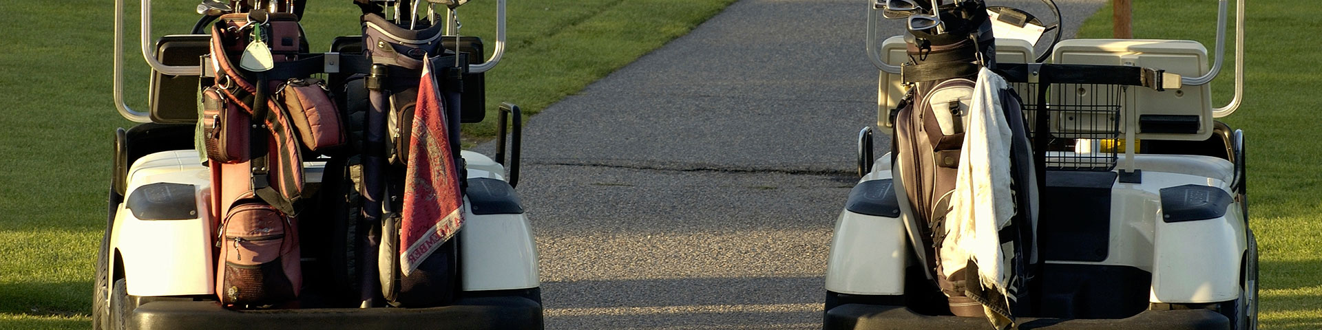 Two golf carts sit on a path beside a golf course